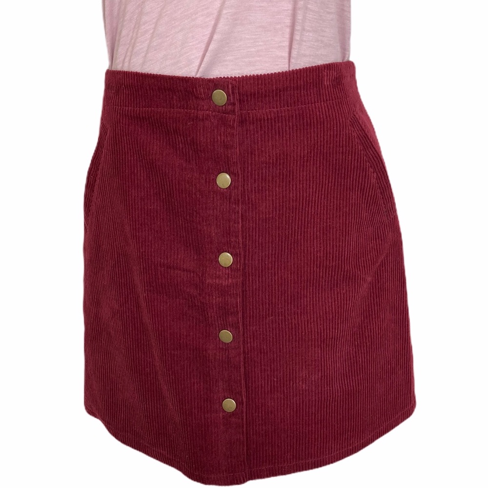 Burgundy corduroy button front skirt, new mini